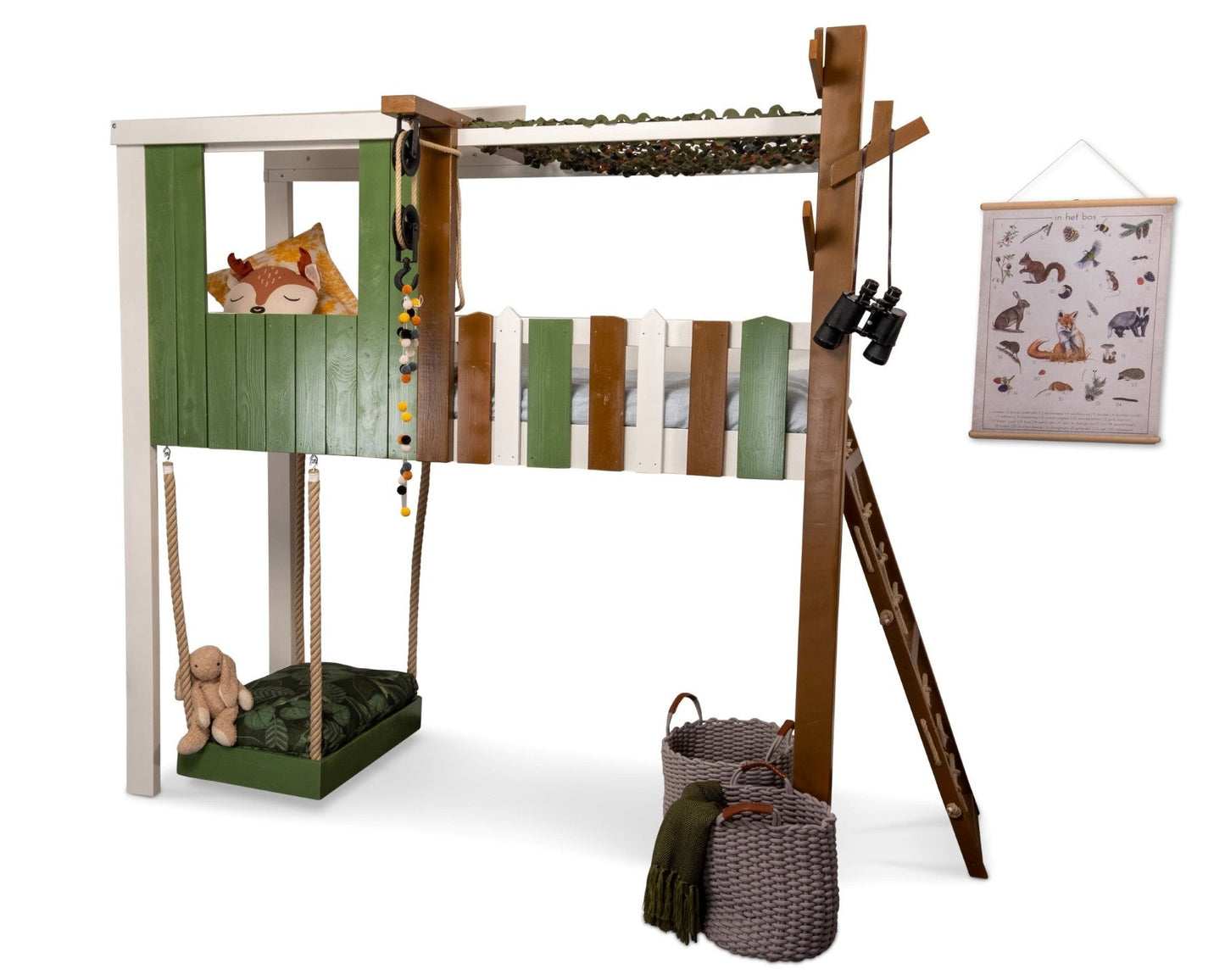 Hoogslaper Boomhut uitvoering Extra Luxe geverfd in trendy kleuren sfeervol kinderbed lezen op loungebank spelen met takel en katrol klimwand
